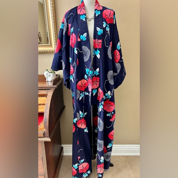 Japanese Floral Kimono Yukata Cotton Long Robe Navy Blue Red Morning Glory - Picture 4 of 11